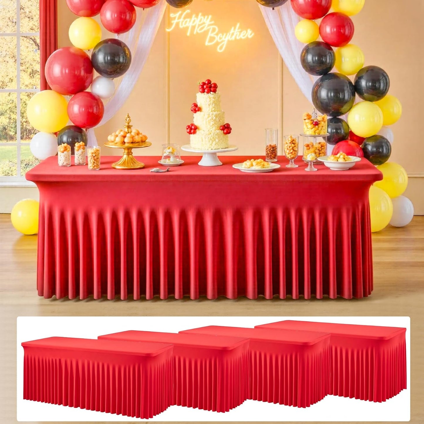 4 pk Red Spandex Tablecloth 6ft with Ruffle Skirt,Wrinkle Free High Stretchy Fitted Tablecloths for 6 Foot Rectangle Tables,Pleated Spandex Table Covers 6ft for Christmas Parties Banquet Weddings