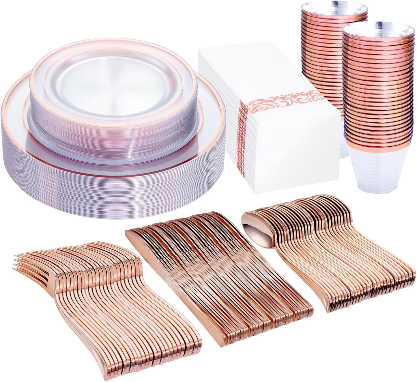 DaYammi 350Pcs Rose Gold Dinnerware Set Include: 50 Dinner Plates 10.25’’,50 Dessert Plates 7.5’’,50 Rose Gold Cutlery,50 Disposable Cups 9 OZ with 50 Napkins for Party