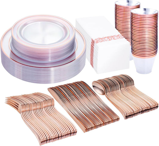 DaYammi 350Pcs Rose Gold Dinnerware Set Include: 50 Dinner Plates 10.25’’,50 Dessert Plates 7.5’’,50 Rose Gold Cutlery,50 Disposable Cups 9 OZ with 50 Napkins for Party