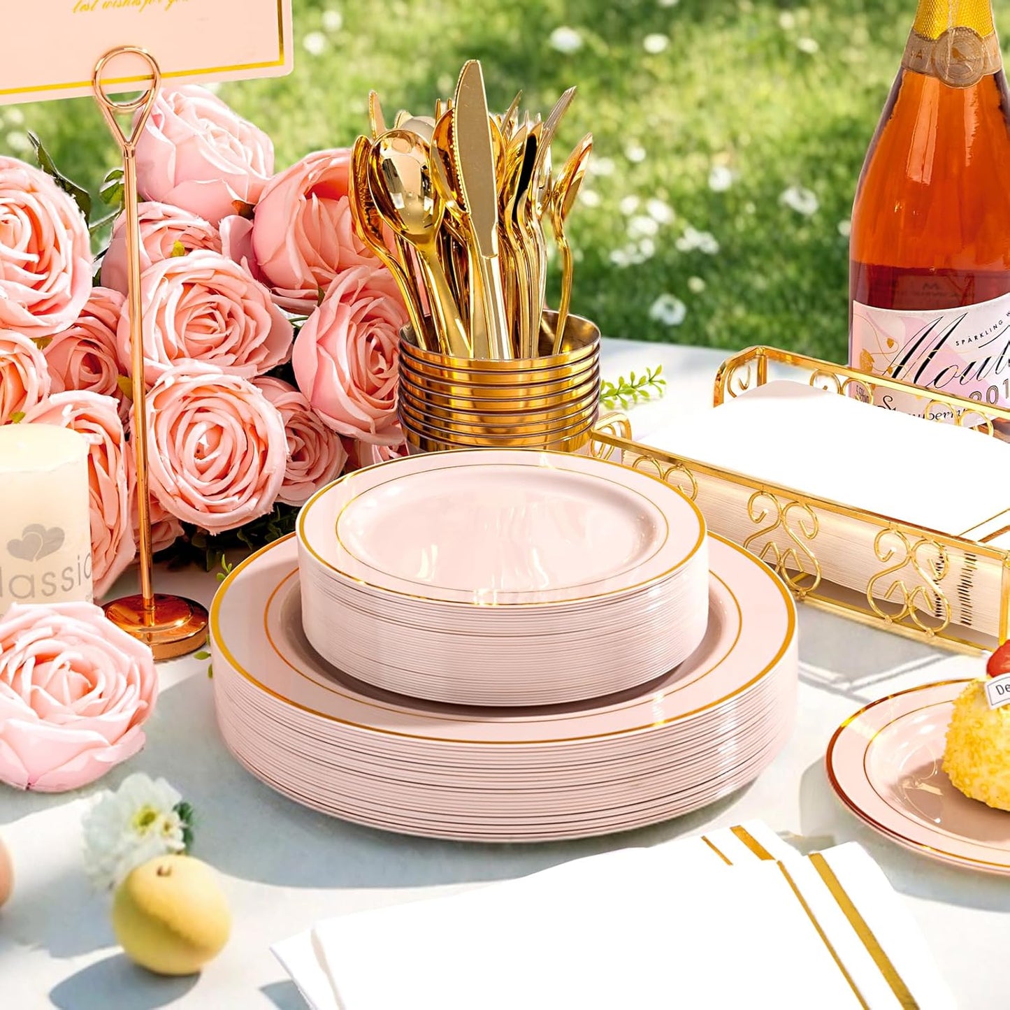 GATHER 700PCS Pink Plastic Plates - Gold Rim Disposable Plastic Dinnerware Set Include 200 Pink Plates, 300 Silverware, 100 Napkins, 100 Cups for Party & Wedding