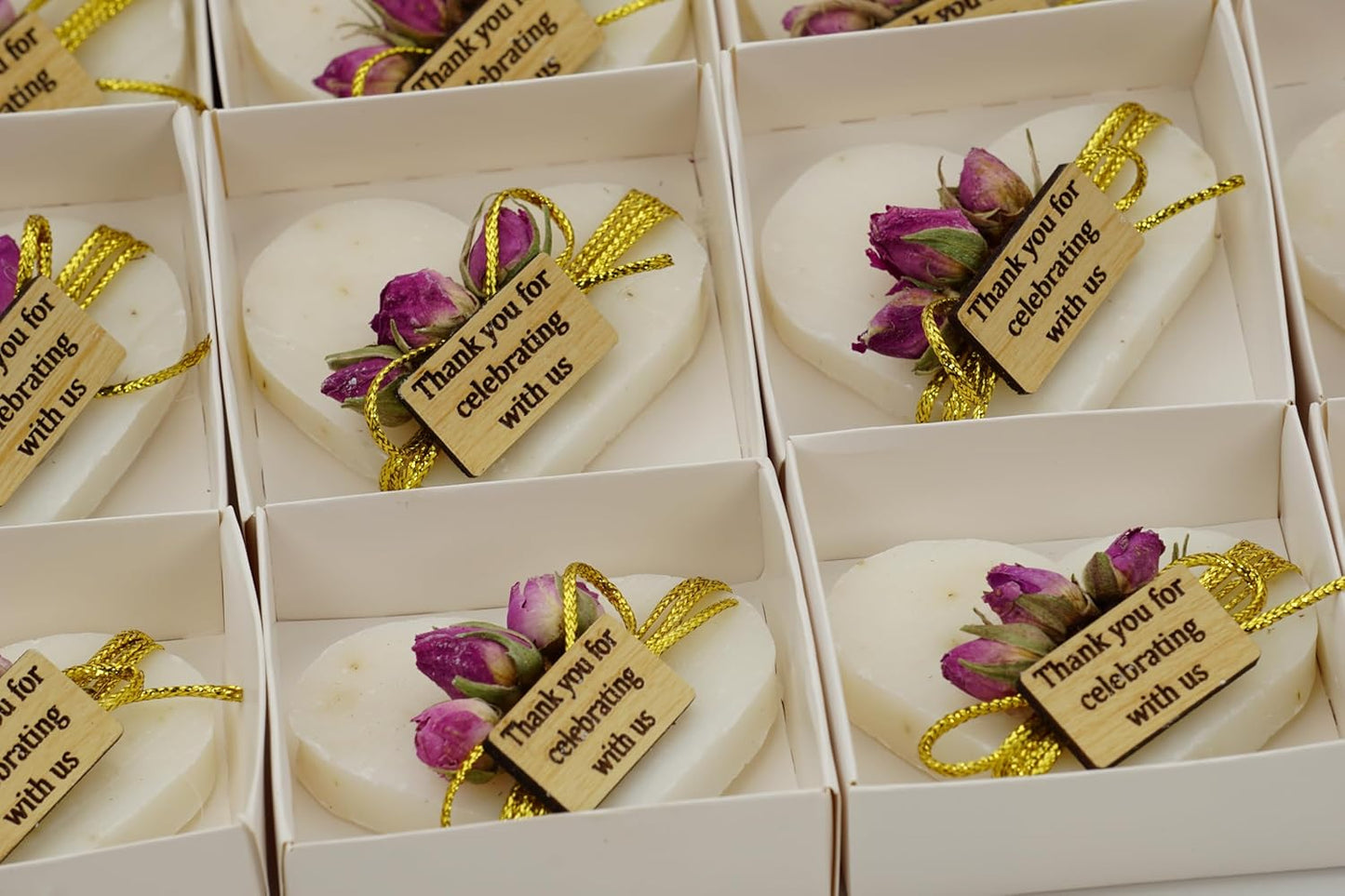 Heart Shaped Soaps 12-Pack, Handmade Scented Mini Soaps for Bridal Shower Party Favors, Wedding, Baby Shower, Thanks You for Celebrating with Us Wooden Tag, White Box