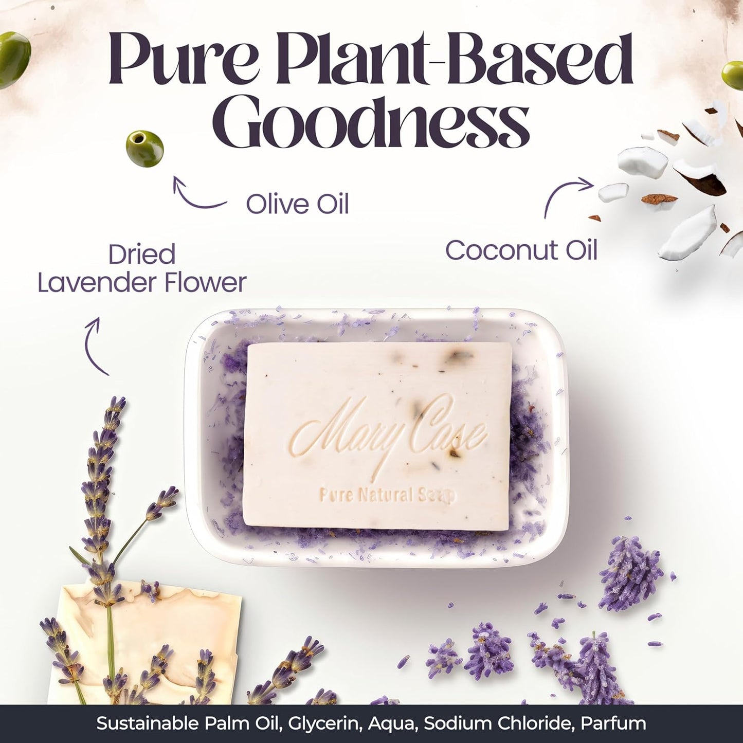 Mary Case All Natural Bar Soap for Men & Women (Set of 4) - Body Soaps with Olive, Coconut, Lavender Oils & Dried Lavender Flowers - Vegan Bath Soap Bars for Gentle Cleansing & Hydrating Skin