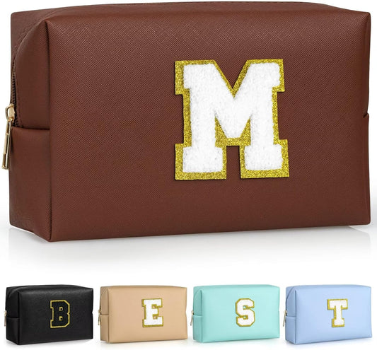 TOPEAST Monogrammed Gifts for Women, Preppy Makeup Bag Small Cosmetic Bag Travel Toiletry Bag, Personalized Birthday Gift for Girl, Wedding Bridal Shower Gifts for Bridesmaids (Brown M)
