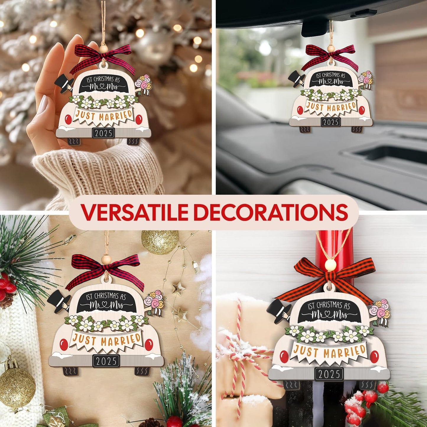NewEleven Mr and Mrs Gifts - Wedding Gifts for Couples 2025, Just Married, Newlywed Keepsake - Wedding Ornament, Meaningful Gift from Friend, Family - Wooden Christmas Ornament