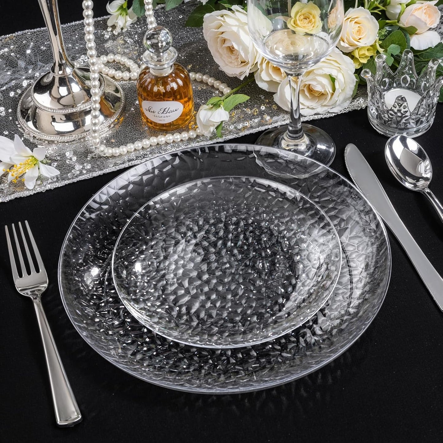 Rubtlamp 100Pcs Clear Plastic Plates, Heavy-Duty Party Plates, clear hammered plastic plates Include 50 Clear Dessert/Salad Platos, 50 Dinner Platos for Party