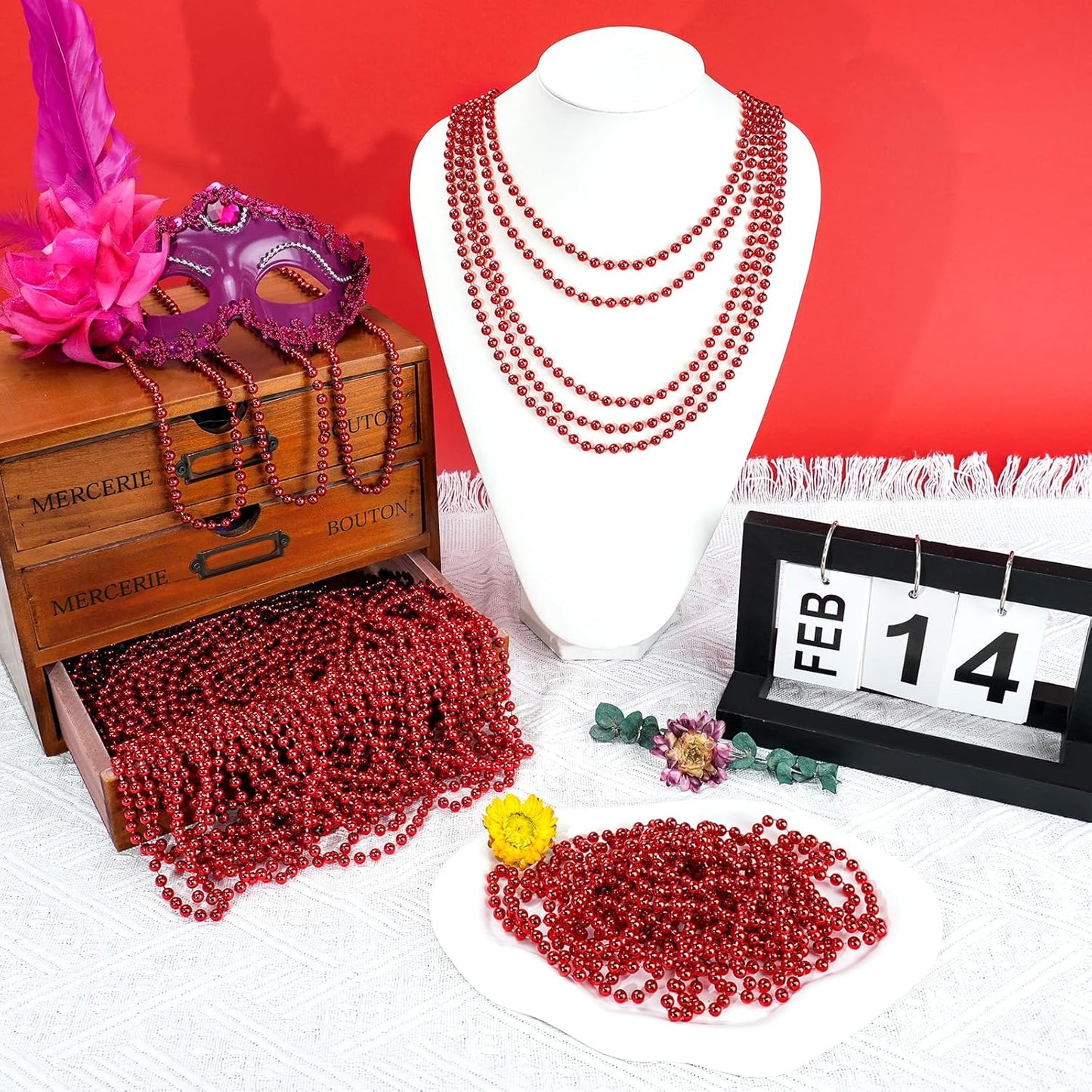 50 PCS Red Mardi Gras Beads, Red Beads Necklaces Christmas Necklace 33" Metallic Beaded Costume Necklace Party Necklaces for Valentines Christmas Parade Throws Wedding Birthday Party Favors