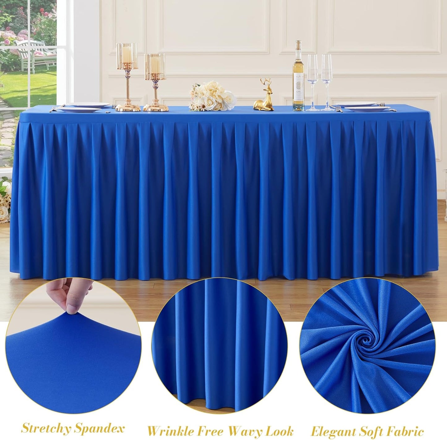 8 Pack Royal Blue Rectangle Tablecloth 8 FT Stretch Spandex Fitted Table Cloth for 8 Foot Rectangle Tables Banquet Tablecloths Wrinkle Free Table Cover Skirt Ruffle Tablecloth for Party Wedding