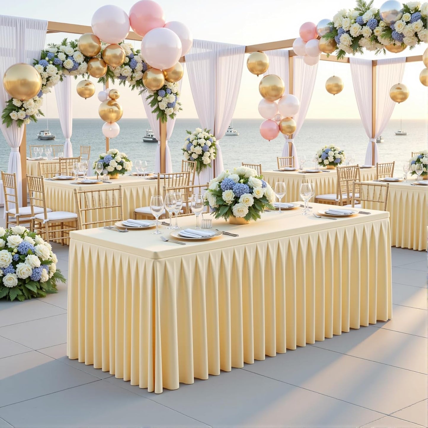 2 Pack Beige Rectangle Tablecloth 8 FT Stretch Spandex Fitted Table Cloth for 8 Foot Rectangle Tables Banquet Tablecloths Wrinkle Free Table Cover Skirt Ruffle Tablecloths for Party Wedding Birthday