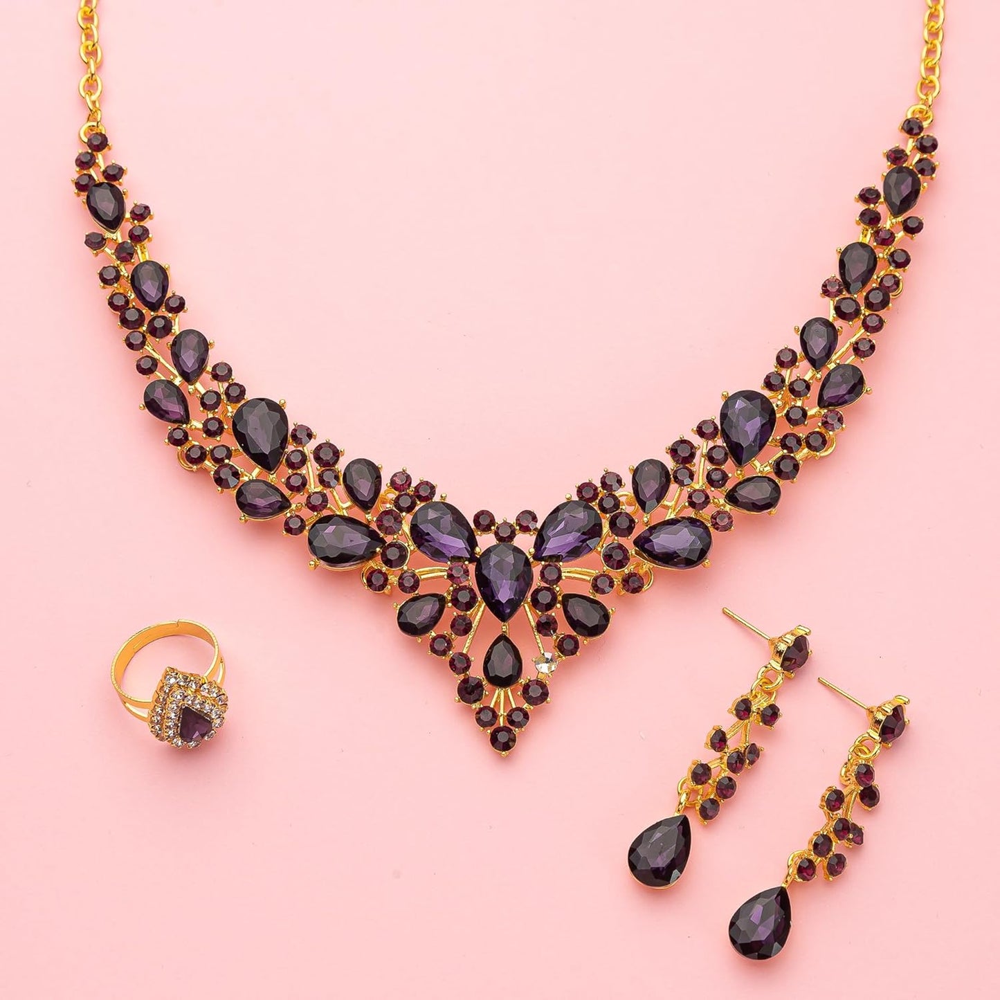 Crystal Bridal Wedding Jewelry Sets for Women Rhinestone Teardrop Crystal Statement Choker Necklace Drop Earrings Link Bracelets Rings Teardrop Jewelry Set for Brides Bridesmaids