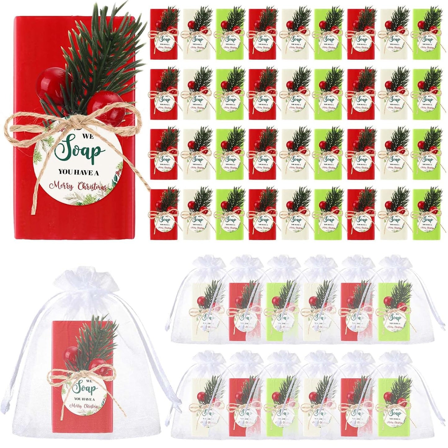 48 Set Christmas Party Favors Bar Soap Gift Bulk Handmade Mini Soaps with Tags Drawstring Gift Bag, Guests Return Thank You Gifts for Xmas Goodie Bags Stocking Stuffers Wedding Party Favors