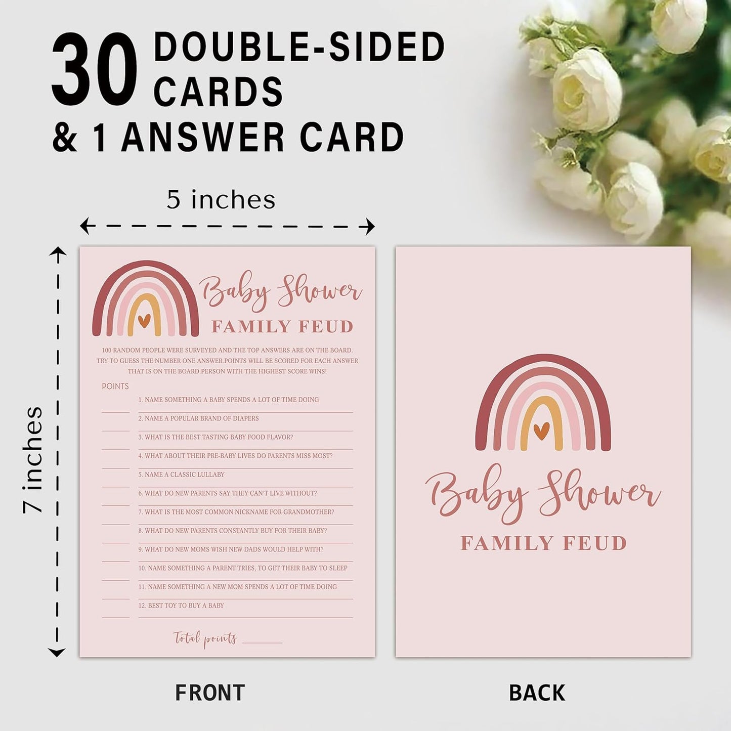 Family Feud Baby Shower Game - Pack of 30 Cards, Answer Key, Rainbow Baby Feud Game Supplies-05A-Indipink