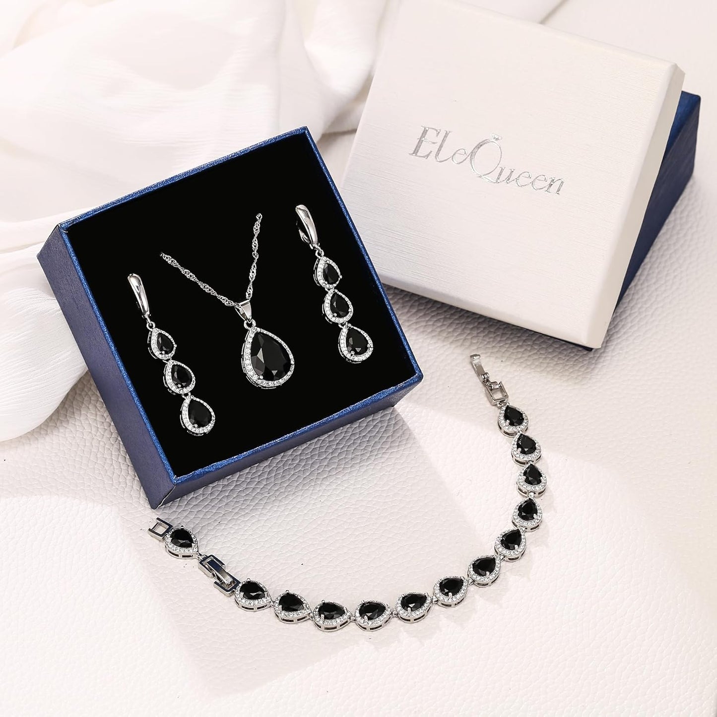 EleQueen Water Drop Pendant Necklace Long Dangle Earrings Tennis Bracelet Set, Sparkle Cubic Zirconia Teardrop Wedding Jewelry Sets for Bride Bridesmaid