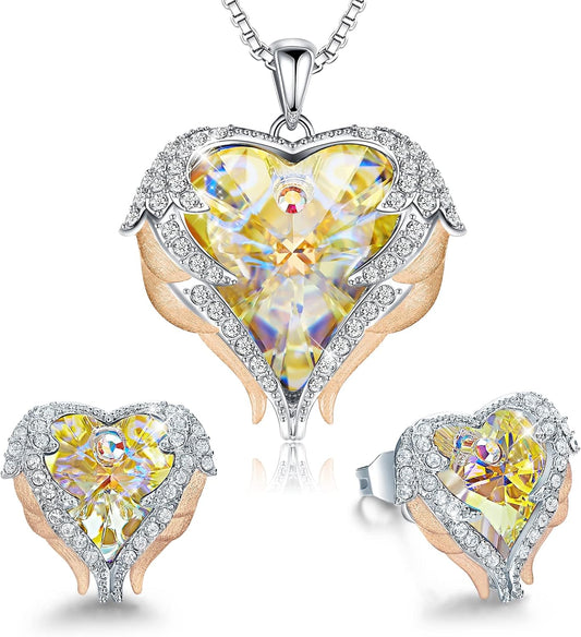 CDE Mothers Day Jewelry Set for Women, Angle Wing Heart Pendant Necklaces and Earrings with Birthstone， Birthday/Anniversary Christmas Jewelry Gift for Women Wife Her