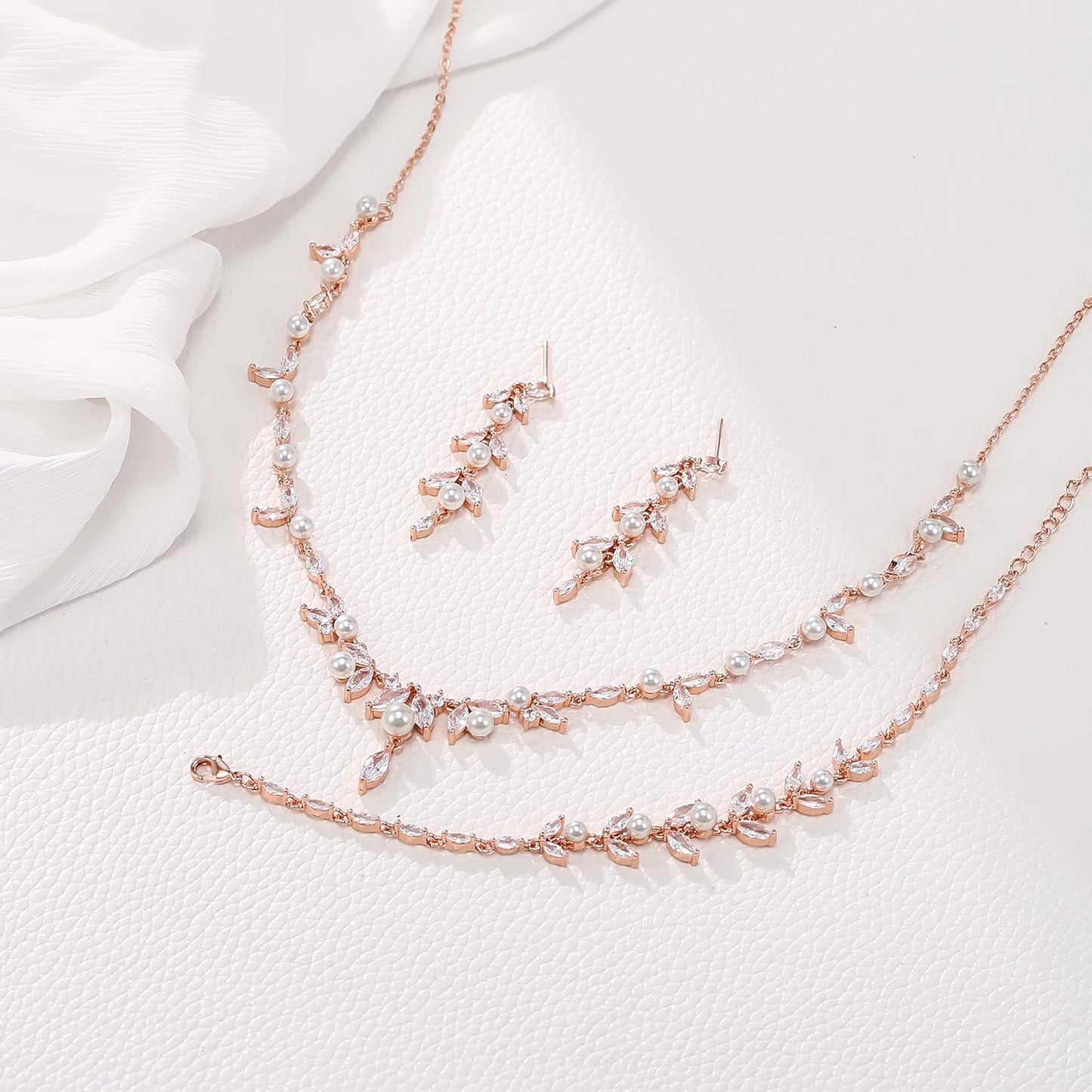 EleQueen Women's Simulated Pearl Wedding Jewelry Set, Cubic Zirconia Marquise Floral Bridal Necklace Earrings Bracelet Sets