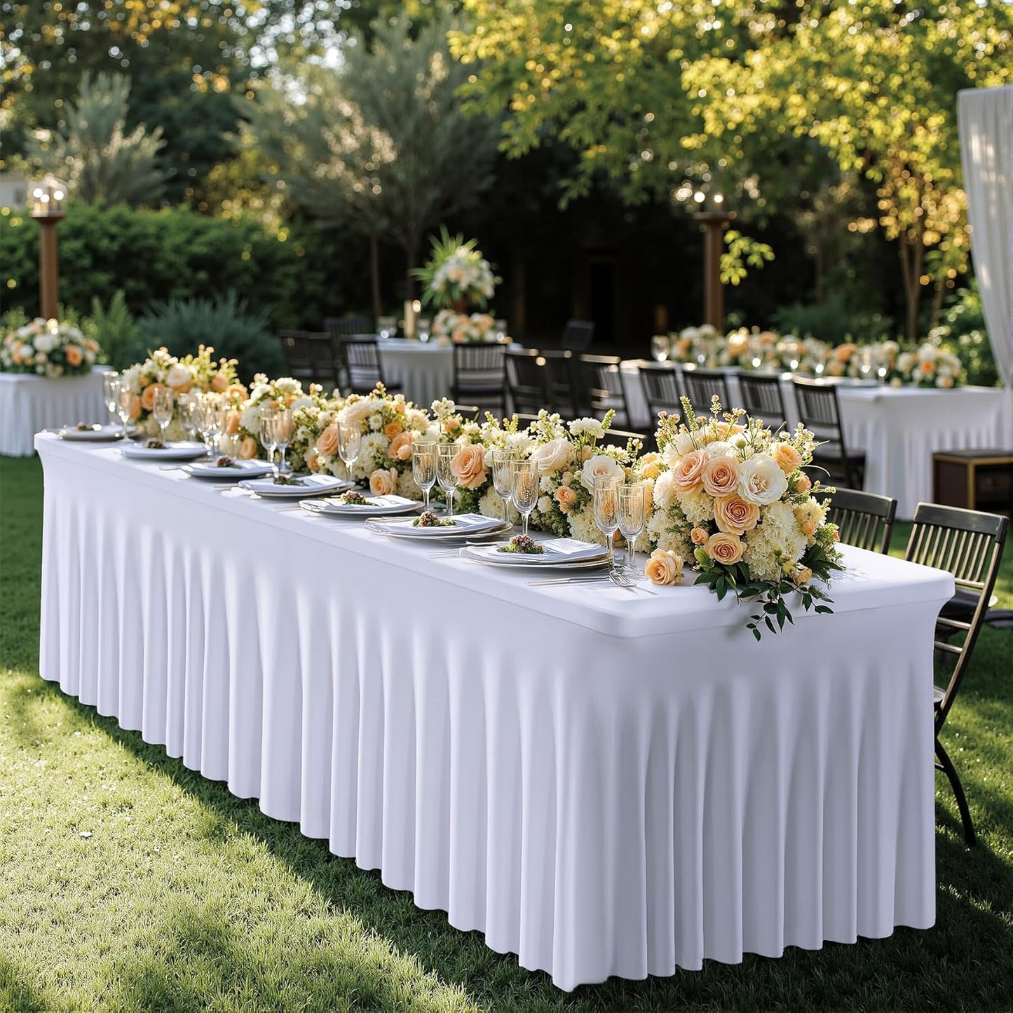 NSSONBEN 6 Pack White Spandex Tablecloth for 6 Foot Rectangle Tables,Wrinkle Free High Stretch Fitted Table Cloths 6ft, Elastic Spandex Table Covers 6ft with Pleats Skirt for Party Wedding Banquet