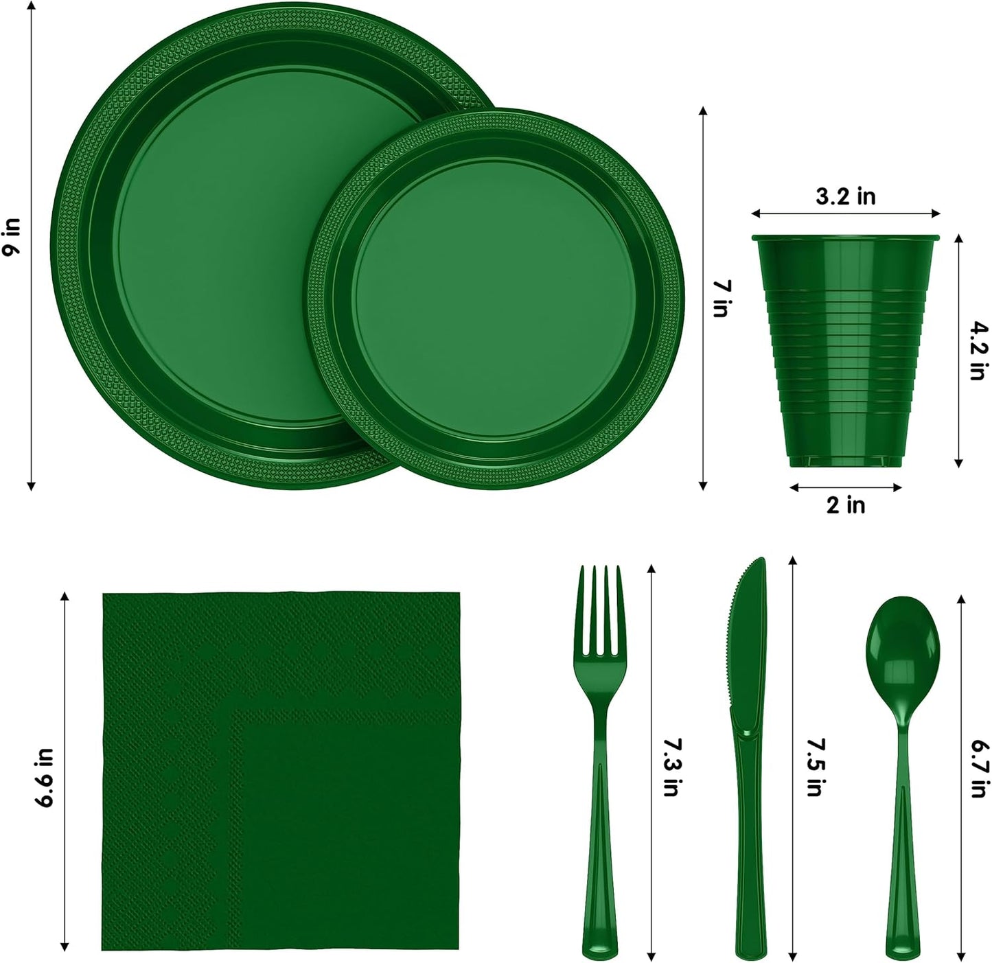350 Pcs Emerald Green Plastic Plates For Party, Emerald Green Disposable Plates Set, 50 Of Each 9" Dinner Plate Set, 7" Dessert Plate, Cups, Napkins & Cutlery Plastic Dinnerware Exquisite