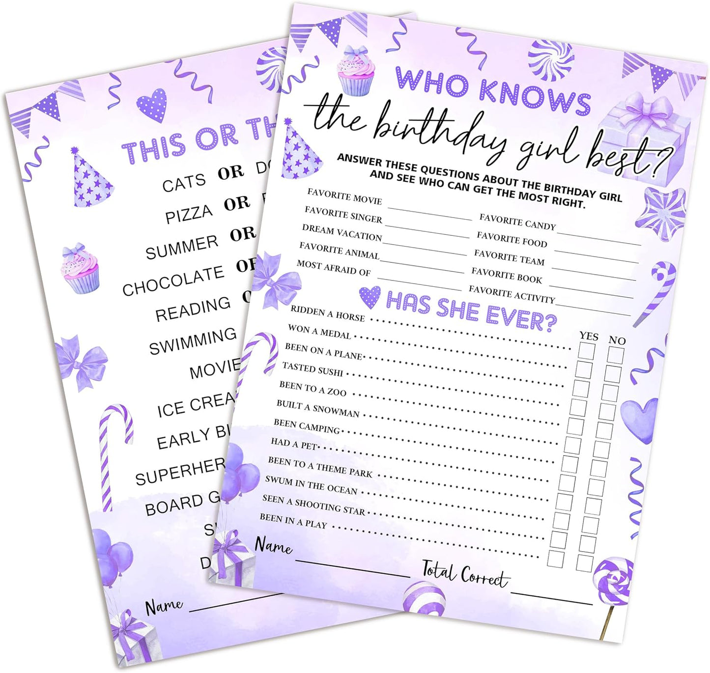 Birthday Party Games Card, Who Knows The Birthday Girl Best, Girls Sleepover Party Supplies for The Girls Card Game, 5x7 Inch Set of 25 Game Cards (Purple, Double-Sided) - A05