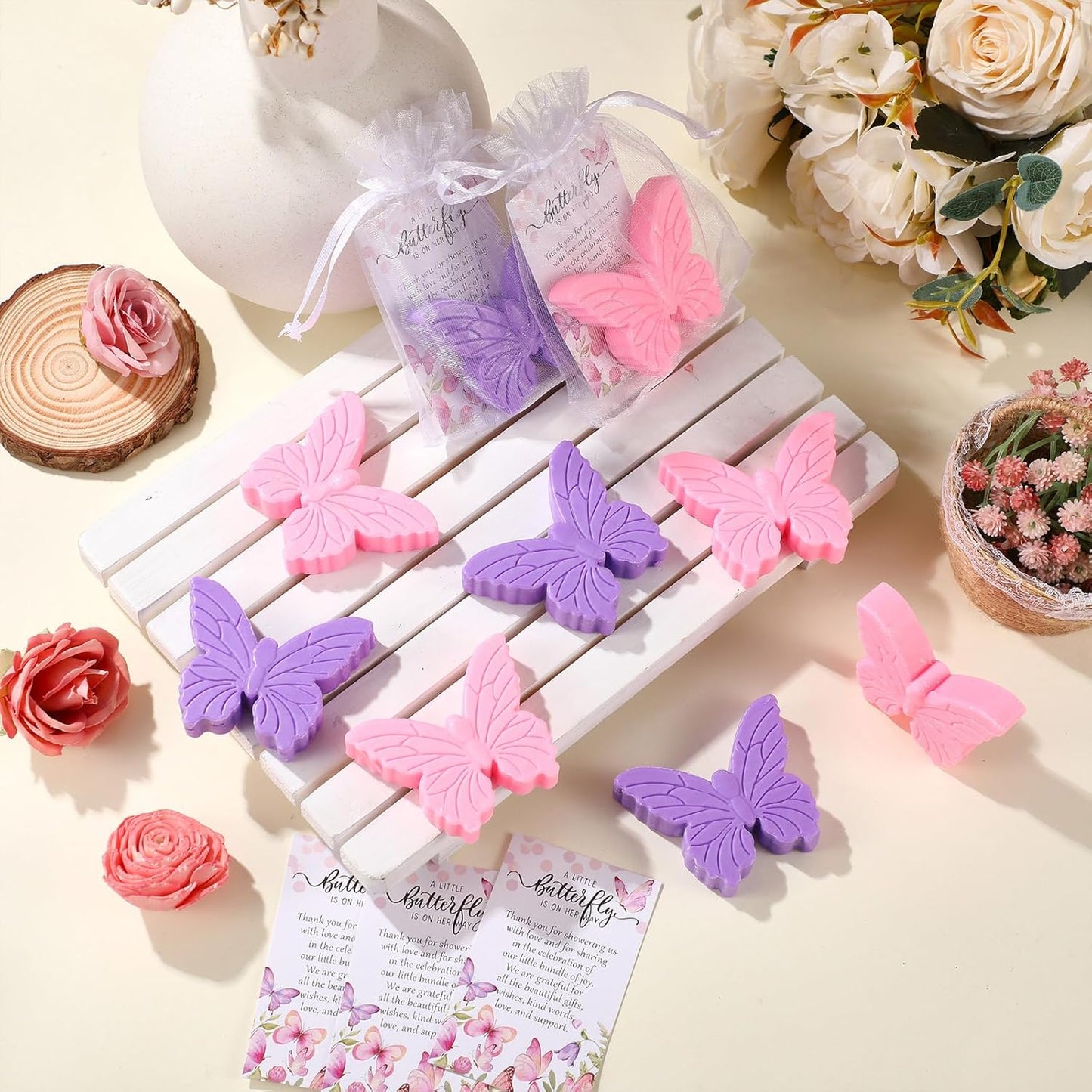 50 Sets Butterfly Themed Baby Shower Favors Butterfly Soap with Thank You Cards Gift Bag for Guest Gender Reveal Party Decorations Baby Shower Game Prizes Wedding Favor(Pink and Purple)