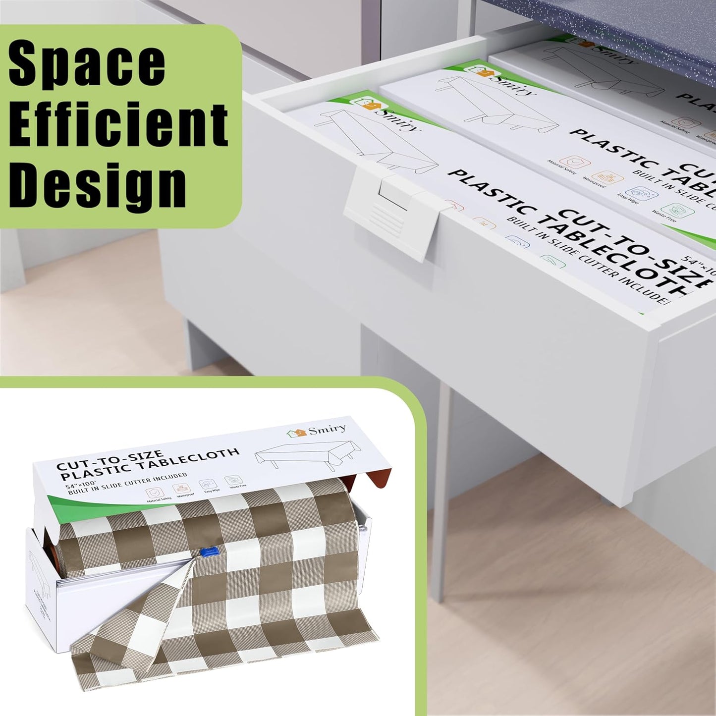 Smiry 54 Inch x 300 Feet Disposable Table Cover Roll, Khaki & White Plastic Table Cloth in Cut-to-Size Box with Slide Cutter, Waterproof Rectangle Tablecloths for Weddings, Banquets, Outdoor