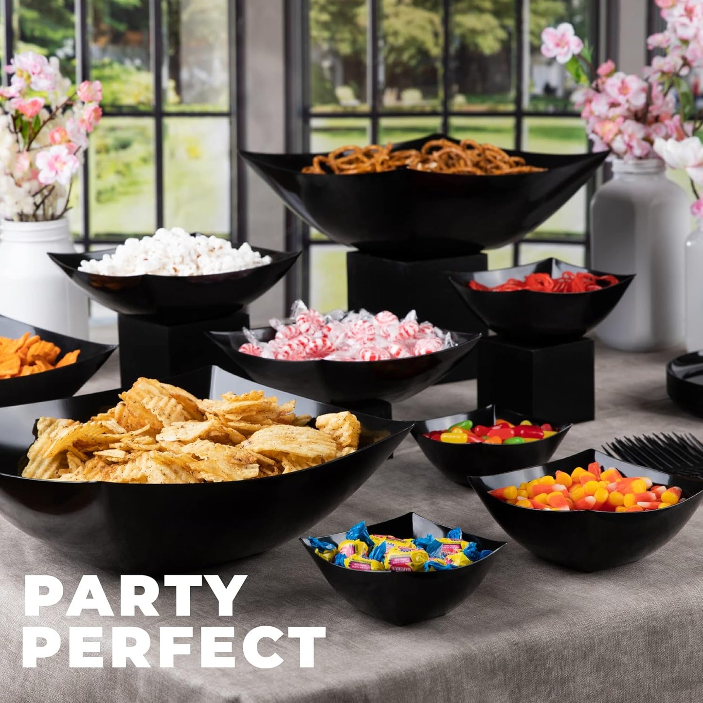 PLASTICPRO Disposable Square Serving Bowls, Party Snack or Salad Bowl, Plastic Black Pack of 4, 8 OUNCE, Black