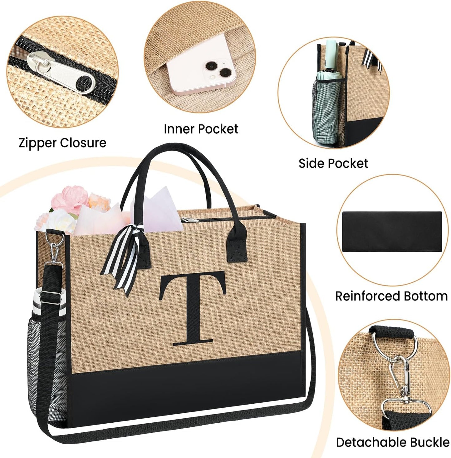 BAGAIL Initial Tote Bag, Personalized Birthday Gifts for Women, Teacher, Friends, Mom, Wedding, Monogrammed Beach Bag