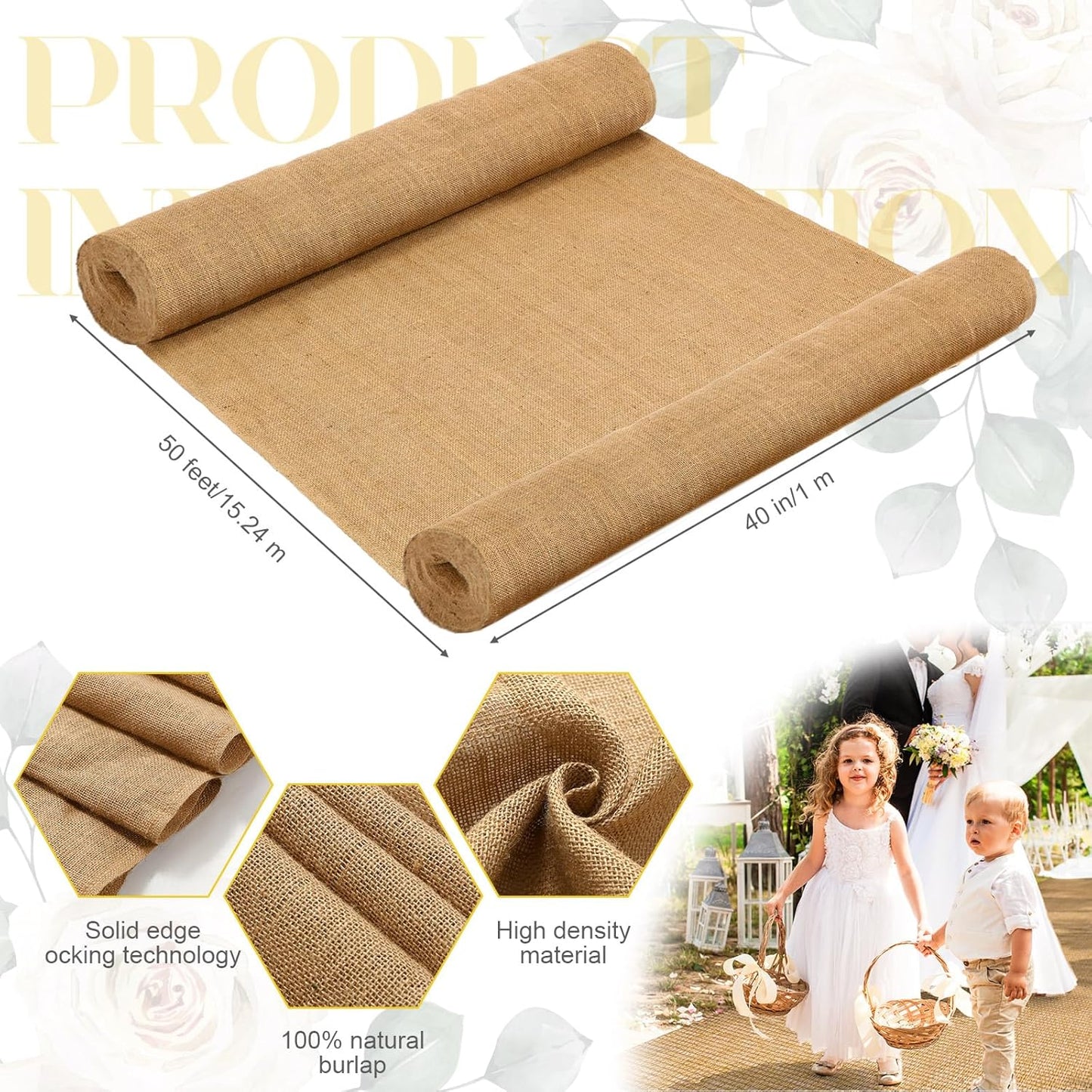 Tudomro 40 Inch x 50 Ft Extra Long Natural Burlap Wedding Aisle Runner Outdoor Jute Burlap Aisle Runner for Wedding Ceremony Rustic Indoor Carpet for Walkway (Elegant Style)