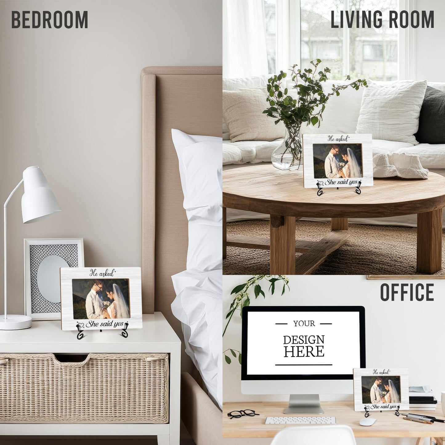 Engagement Picture Frame, He Asked She Said Yes, Wedding Engagement Gifts For Couple Newlyweds Bride Groom, 4x6 Wooden Picture Frame Tabletop Display Home Decor -07