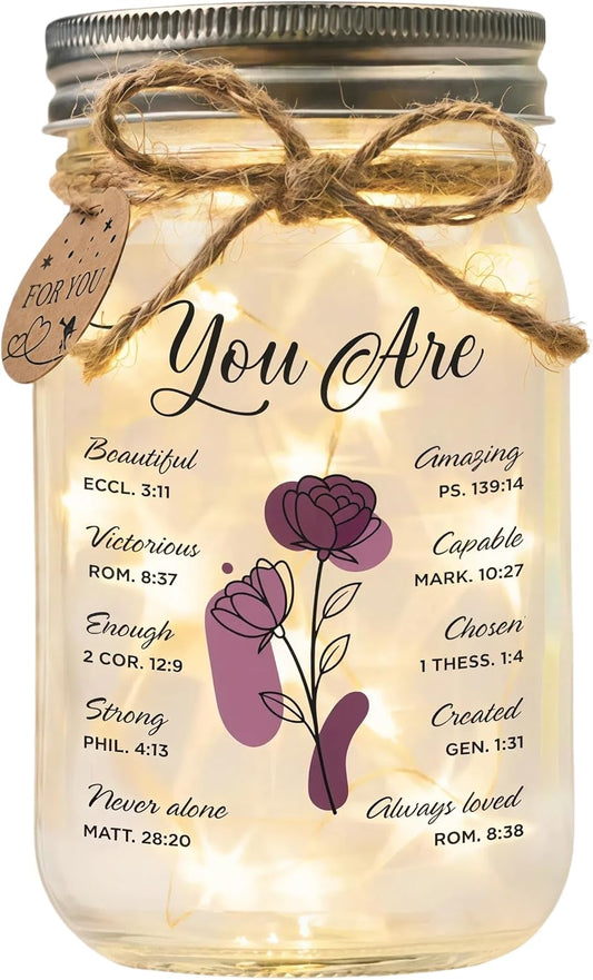 SOLMAY Birthday Gifts for Women – Christian Inspirational Mason Jar Night Light with Bible Verse Quotes – Thanksgiving & Christmas Gifts for Women – Friendship & Gratitude Jar for Mom Best Friend