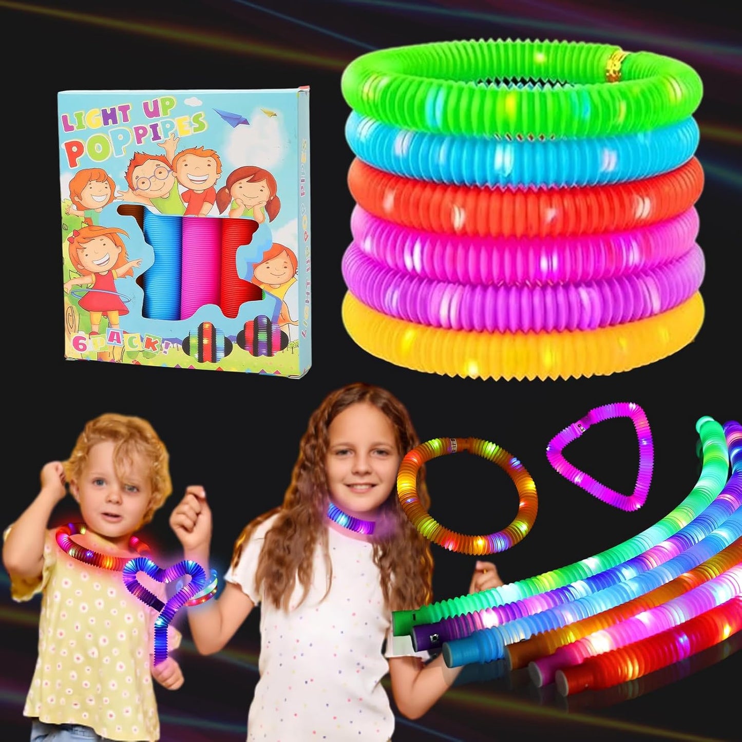 6PCS Multicolor Light Up Glow Necklaces Bracelets Party Favors Accessories for , Glow Sticks Pop Tubes for kids,Glow Birthday Camping Wedding Party Supplies Decorations for Boys Girls