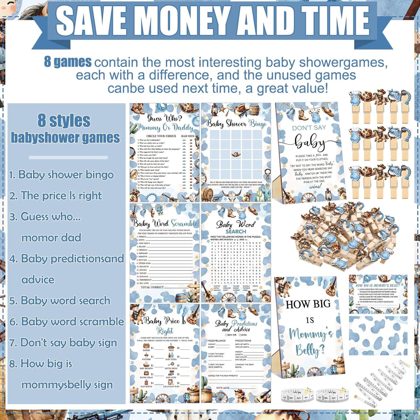 426 Pcs Cowboy Baby Shower Games Set-8 Games, Includes Baby Shower Bingo, Price is Right, Guess Who, Word Scramble, Prediction and Advice, How Big is Mommy's Belly, Don't Say The Words