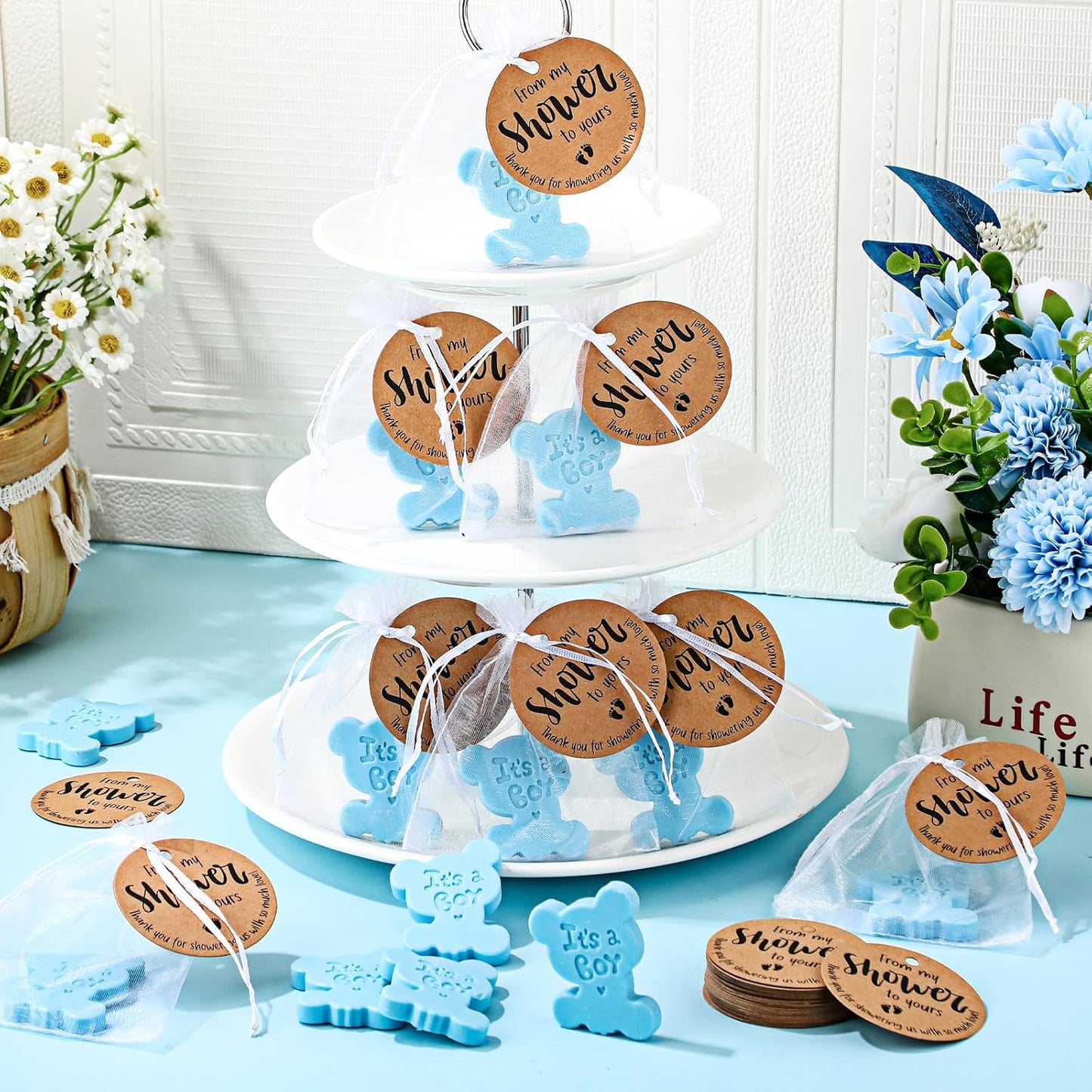 25 Sets Baby Shower Soap Favors for Guests Girl Boy Mini Footprint Handmade Scented Soaps with Thank You Tags and Organza Bags for Shower Gender Reveal Party Favors(Blue,Bear)