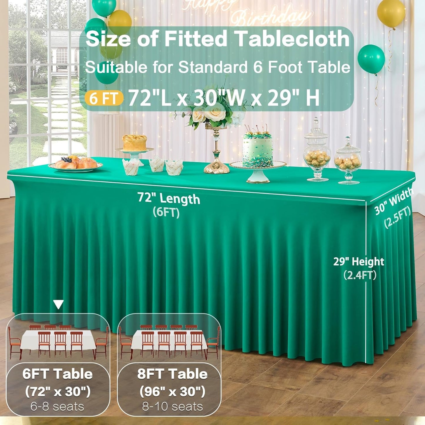 2 Pack Emerald Green Spandex Tablecloth for 6 Foot Rectangle Tables, Wrinkle Free Fitted Table Clothes Cover 6ft Green Stretchy Tablecloths with Skirt for Parties Weddings Birthday Banquet Baby Shower