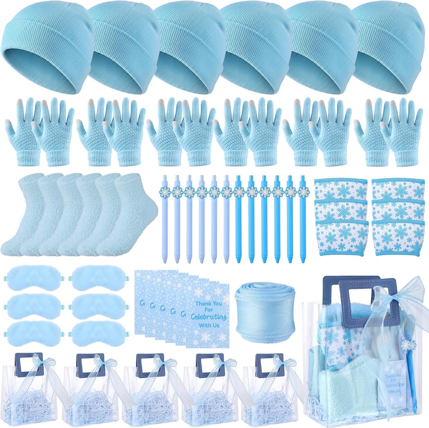 Shihanee 6 Sets Baby Shower Prizes for Game Wedding Bridal Shower Winners Favors Include Beanie Hat Touch Screen Gloves Fuzzy Socks Plush Sleep Eye Mask Cup Sleeves Ballpoint Pen Card Gift Bags (Blue)