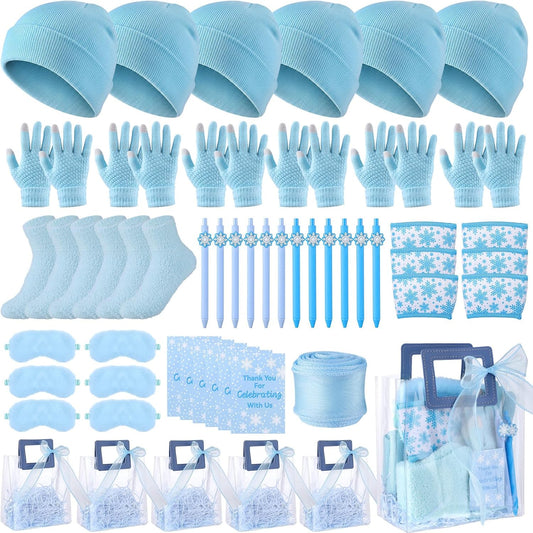 Shihanee 6 Sets Baby Shower Prizes for Game Wedding Bridal Shower Winners Favors Include Beanie Hat Touch Screen Gloves Fuzzy Socks Plush Sleep Eye Mask Cup Sleeves Ballpoint Pen Card Gift Bags (Blue)