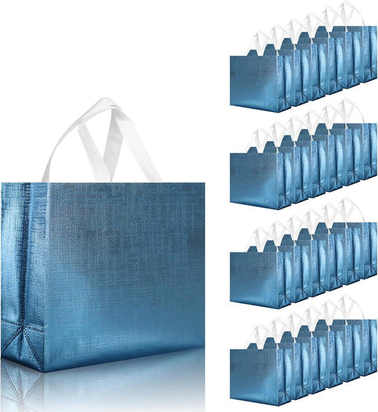 cabzymx 25 Pcs Blue Reusable Gift Bags with Metallic Design, Non-woven Gift Bag Bulk with Handles, Glossy Party Bags for Wrapping Gifts, Birthday, Wedding, Parties, Graduation-12.6x4.7x11 In