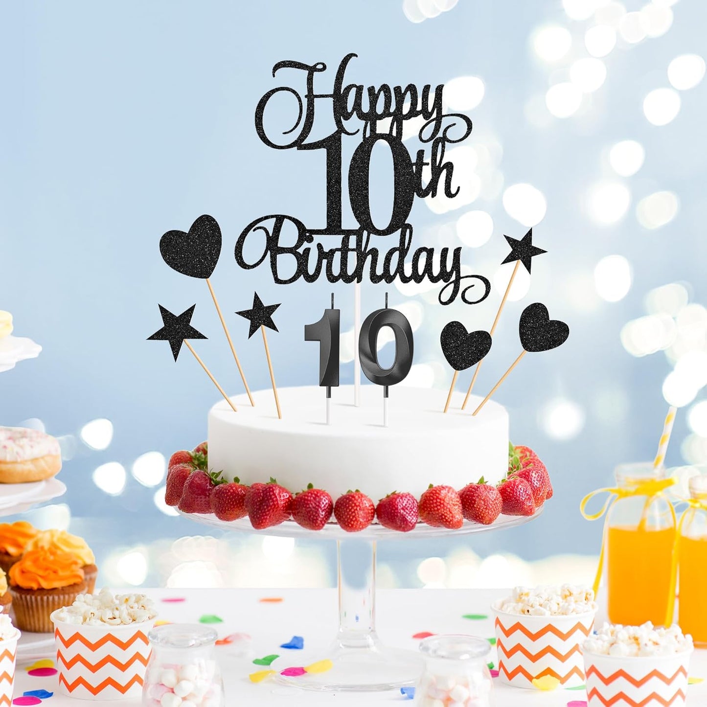 10th Birthday Cake Decorations, 10th Birthday Candles Cake Numeral Candles and Glitter Happy 10th Birthday Cake Toppers Set for Birthday Party Supplies (Black)