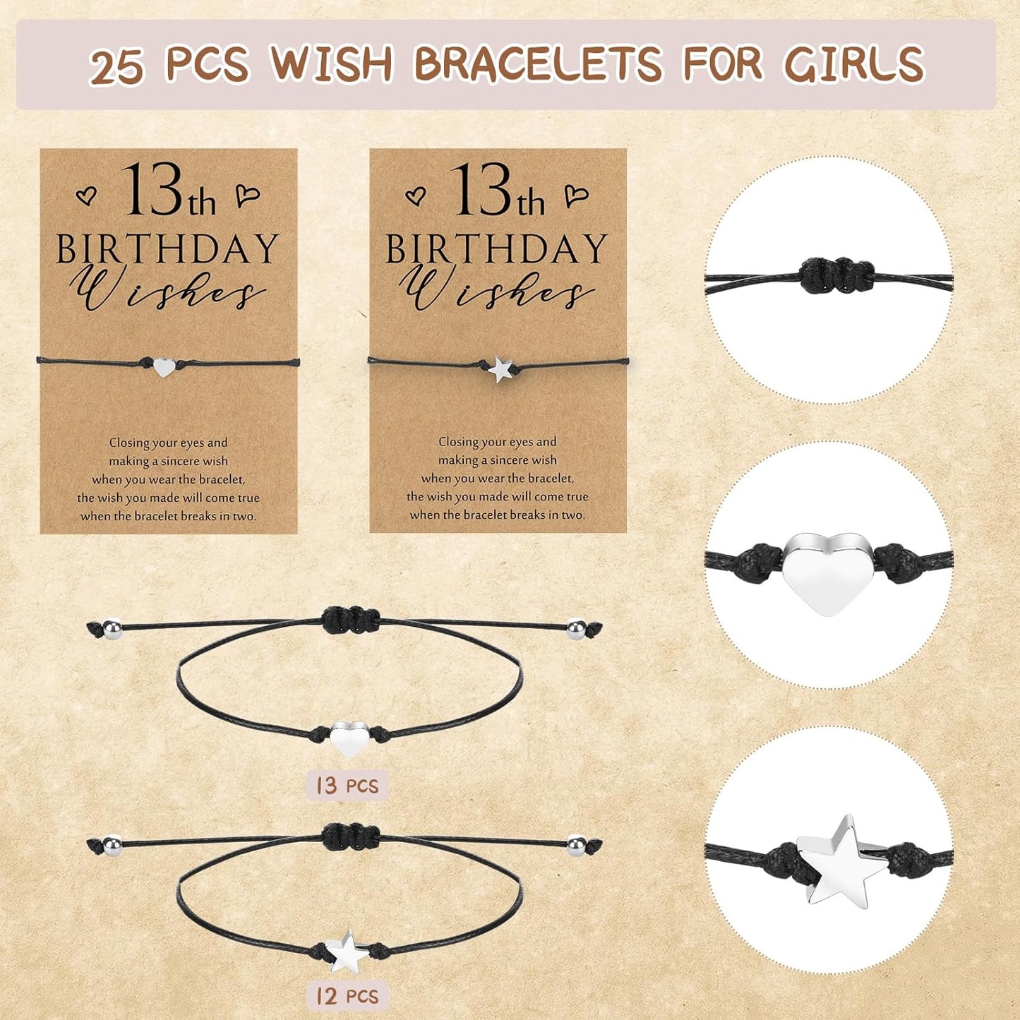 Misdary 25 Set Sweet 13th Birthday Wish Party Favors for Guests Include Adjustable Heart Charm Star Bracelets Gift with Thank You Wish Cards for Birthday Souvenirs Party Supplies Decor