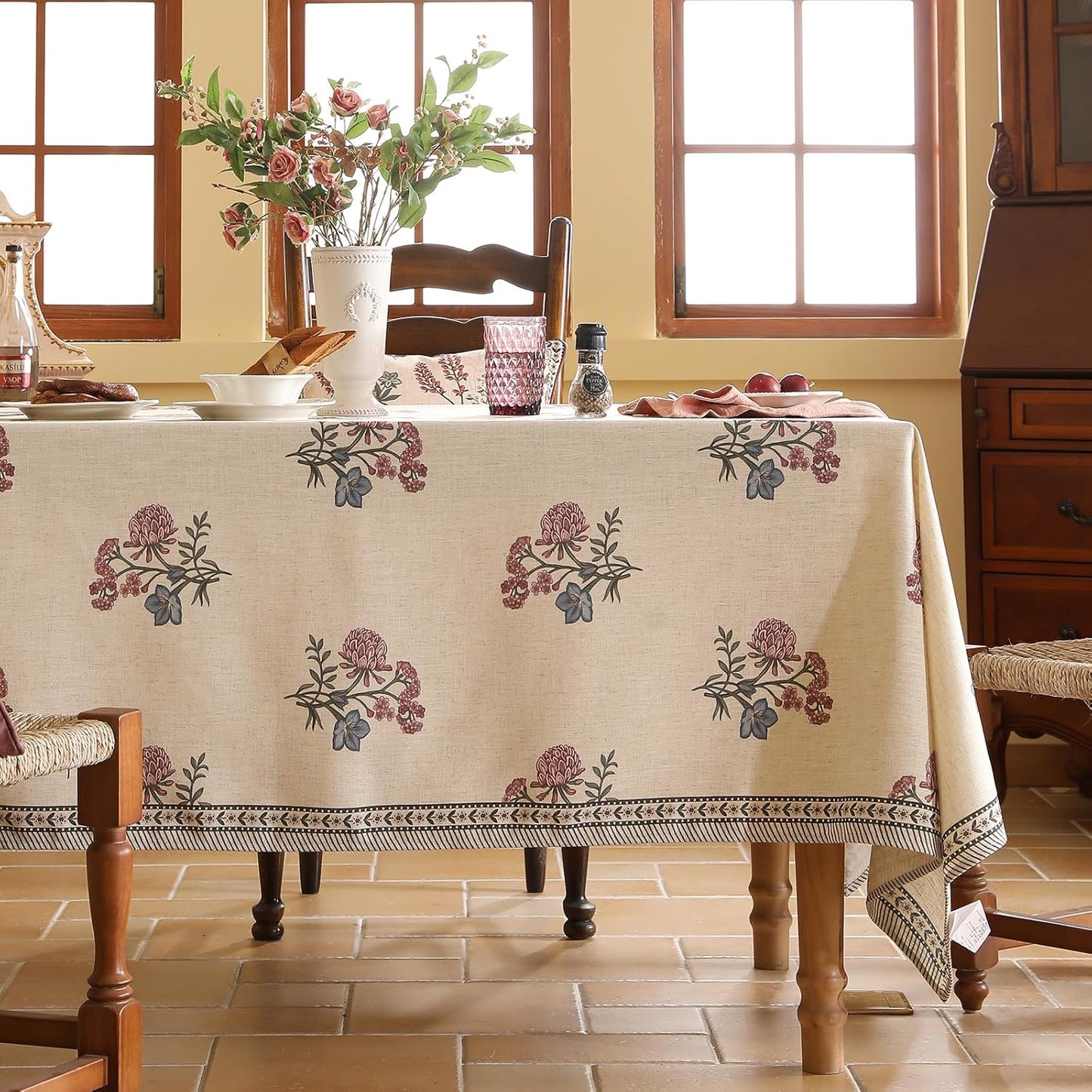 ISAENNE Designer Linen Light Beige Square Tablecloth,French Colorful Floral Table Cloth,Fall Stain Resistant Decor Tablecloths for Dining Thanksgiving Christmas Kitchen,67"*67"-Helena E