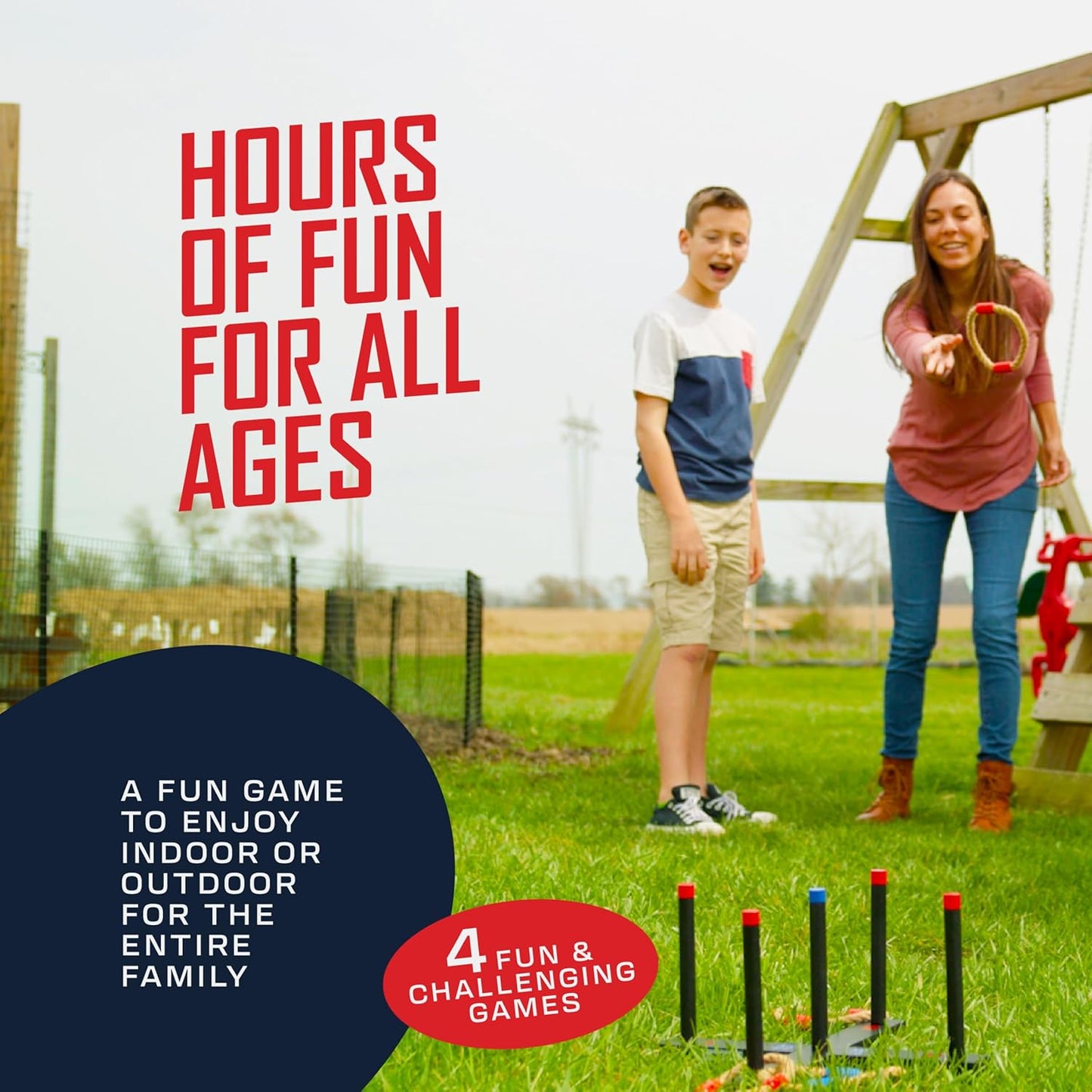 Ring Toss Game, Incl. 6 Double Beaded Rings, Carry Case, Outdoor Games for Kids Adults & Family, Backyard Party Activities, for Teens, Boys & Girls Ages 8-12+ Years Old