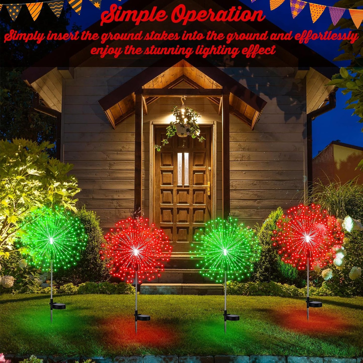 4 Pack Christmas Solar Firework Lights Decorations Garden Pathway Solar Power Light Stake Waterproof Landscape Lamp with 180 LED 8 Modes for Christmas Party Decoration(Red Green)