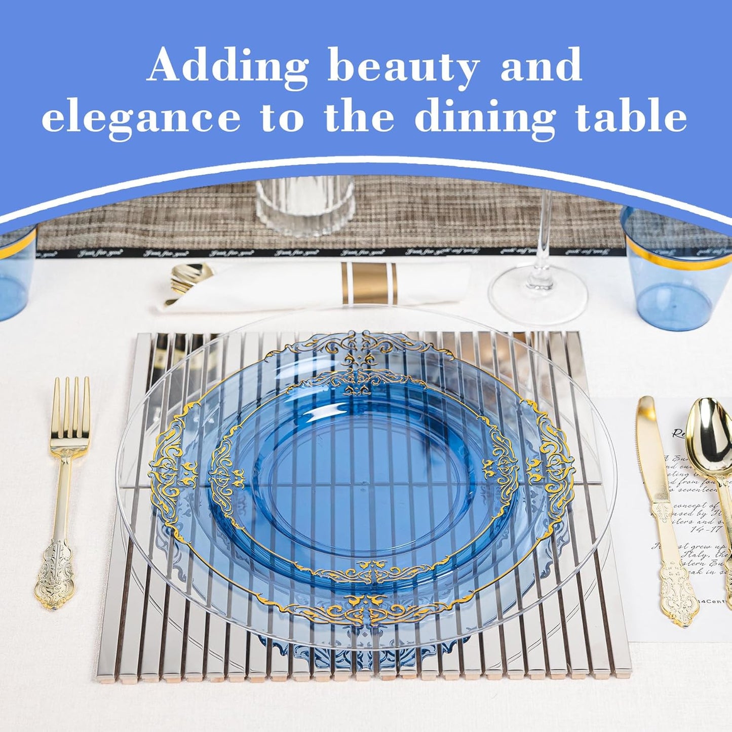 350PCS Gold and Blue Plastic Plates, Gold Plastic Dinnerware Sets for 50 Guests, 100 Disposable Plates, 150 Silverware, 50 Cups, 50 Napkins for Party and Wedding