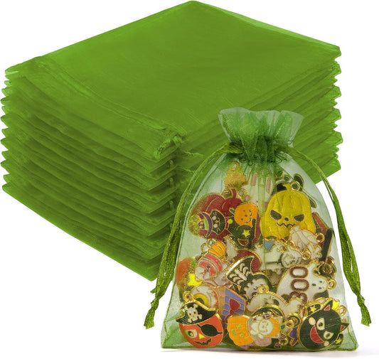 Crweety 50 Pcs 3x4 Inch Green Organza Bags, Small Mesh Bags Drawstring for Gifts, Elegant Jewelry Pouches for Wedding Favor, Spring Party Favor & Christmas St. Patrick's Day Decor