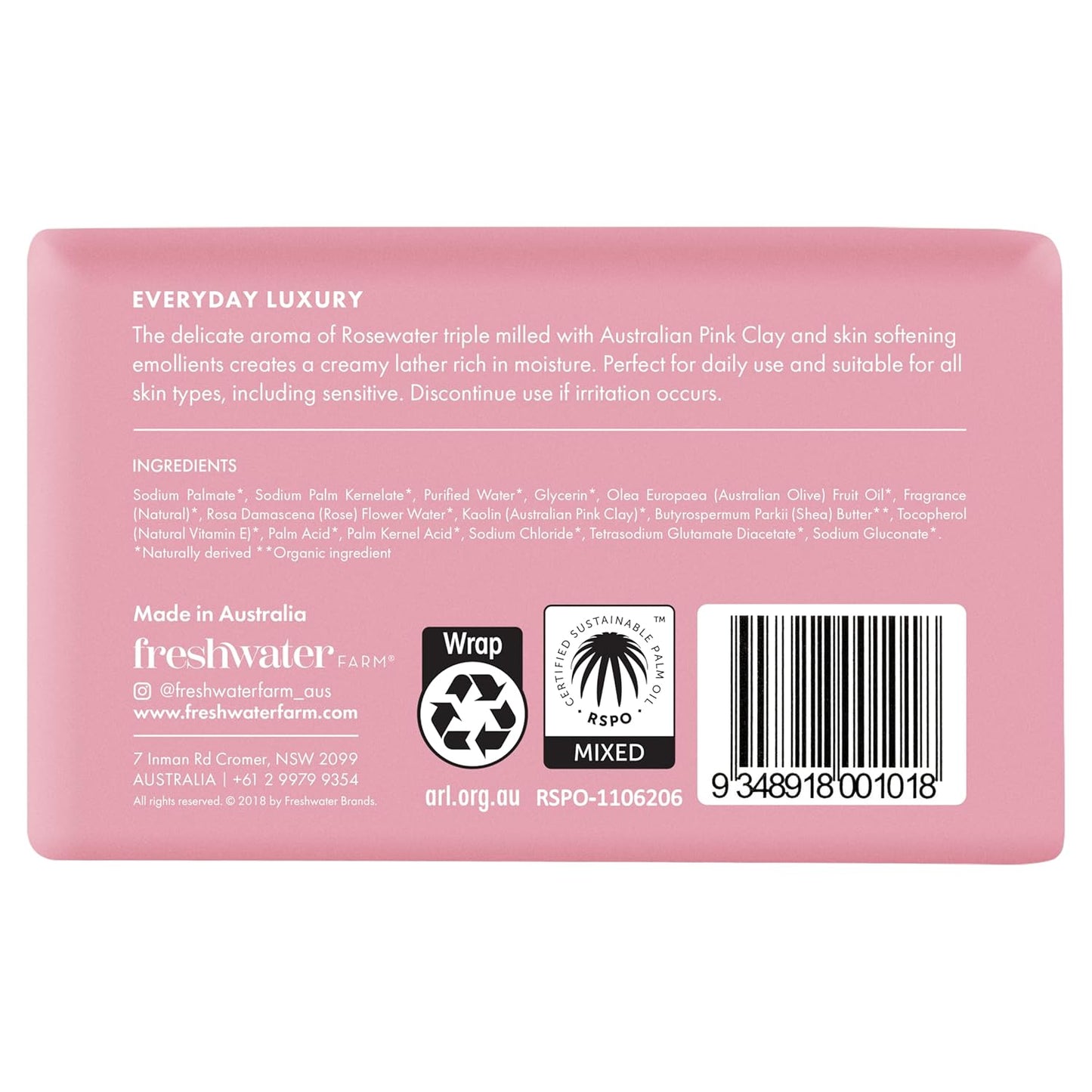 Freshwater Farm Australia Castile Natural Bar Soap | Rosewater + Pink Clay | Australian Made + Family Owned | Triple-Milled with Australian Pink Clay | Recyclable Paper Wrap | 200g x 8pk