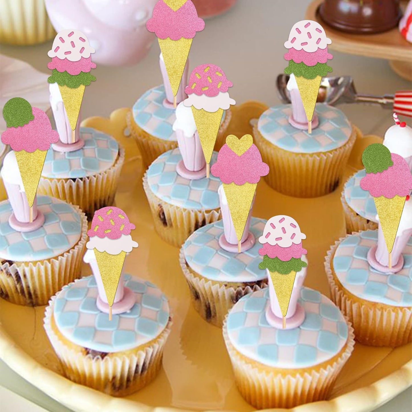 24 PCS Ice Cream Cupcake Toppers Assembled Glitter Paper Ice Cream Luau Cupcake Picks for Summer Hawaii Theme Baby Shower Wedding Birthday Anniversary Retro Party Cake Decorations Supplies