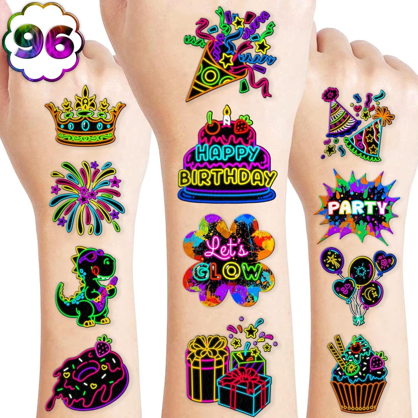 96 PCS Neon Let Glow In The Dark Pre-Cut Temporary Tattoos for Kids | Super Cute Themed Birthday Party Favors, Supplies, Decorations, Fake Tattoo Stickers, School Rewards Prizes & Gifts Boys & Girls