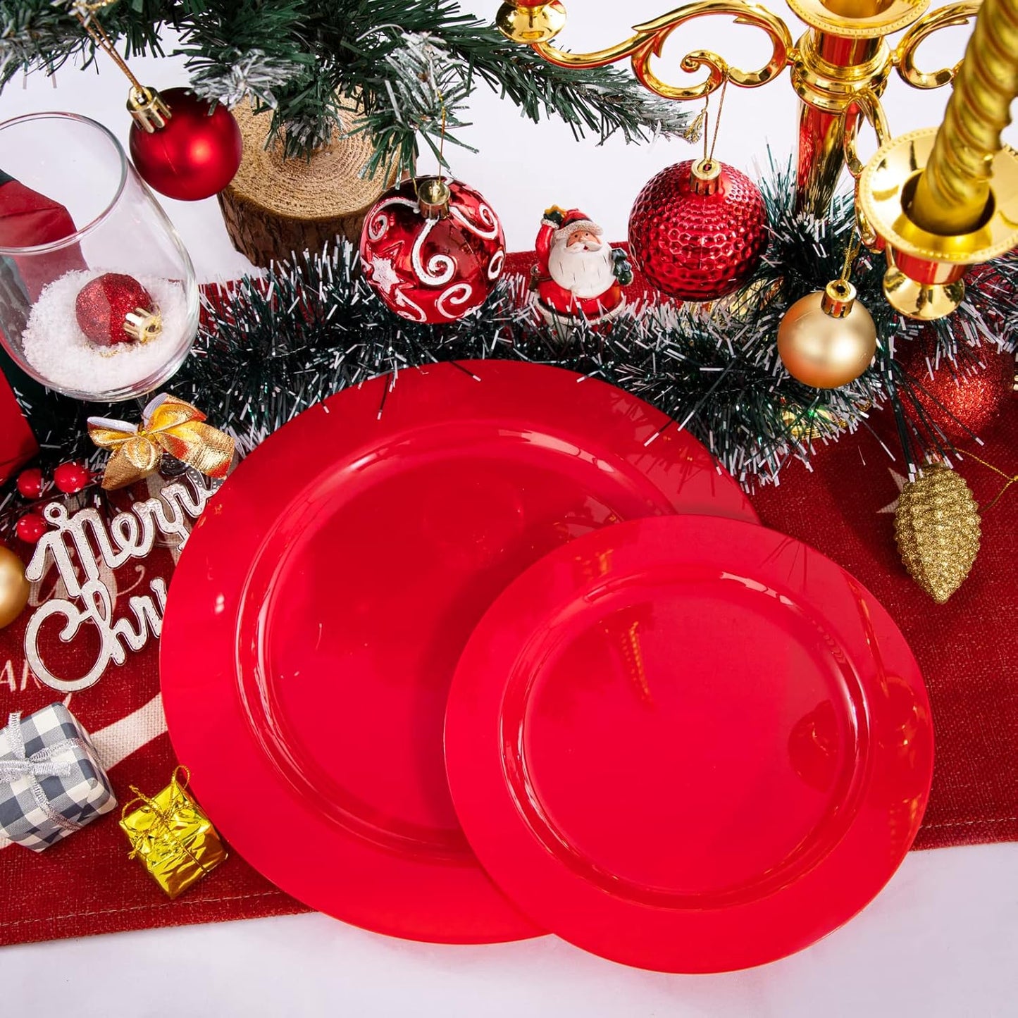 FLOWERCAT 60PCS Red Plastic Plates - Heavy Duty Red Plates Disposable for Party - Include 30PCS 10.25inch and 30PCS 7.5inch for 30 guests Party & Christmas & New Year