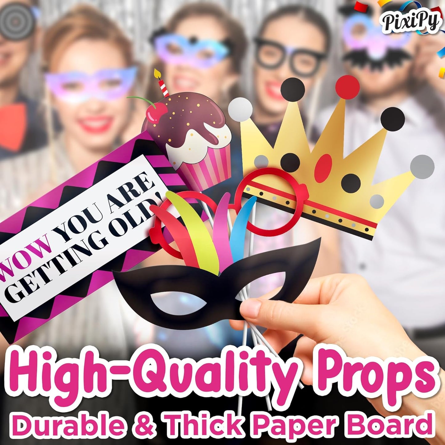 Premium Birthday Photo Booth Props Kit - 54 pc, Multicolored - Happy Birthday Party Fun Photobooth Selfie Accessories - for Adults & Kids - Funny Photoshoot w/Friends - by PixiPy