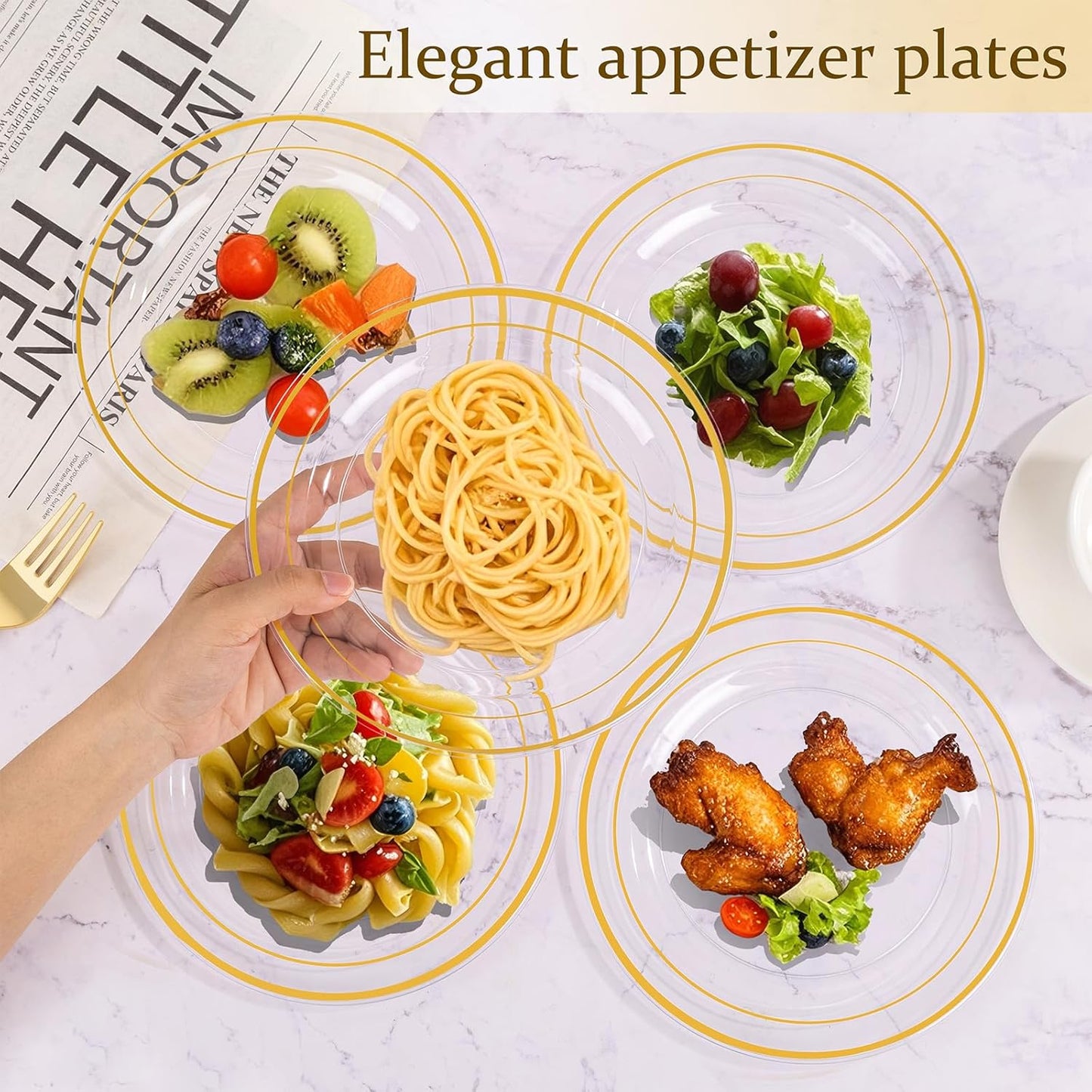 I00000 72 Pcs Clear Plastic Dessert Plates 7.5" & 72 Pcs Gold Disposable Forks 7.4", Clear Small Plates, Fancy Salad Plate,Gold Cake Plate for Thanksgiving,Christmas。Party, Occasions, Wedding