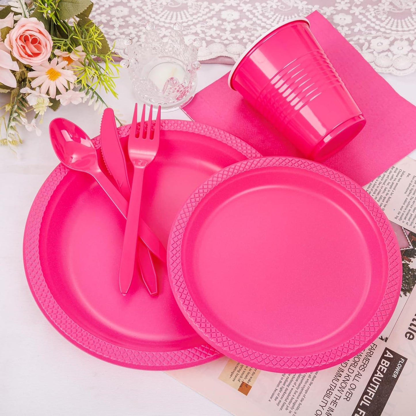 WELLIFE 210Pcs Hot Pink Plastic Plates, Disposable Dinnerware Set, Party Supplies Including Hot Pink plates, 12oz Cups, plastic Cutlery and Napkins Serve 30 Guests, Plastic Plates for Party