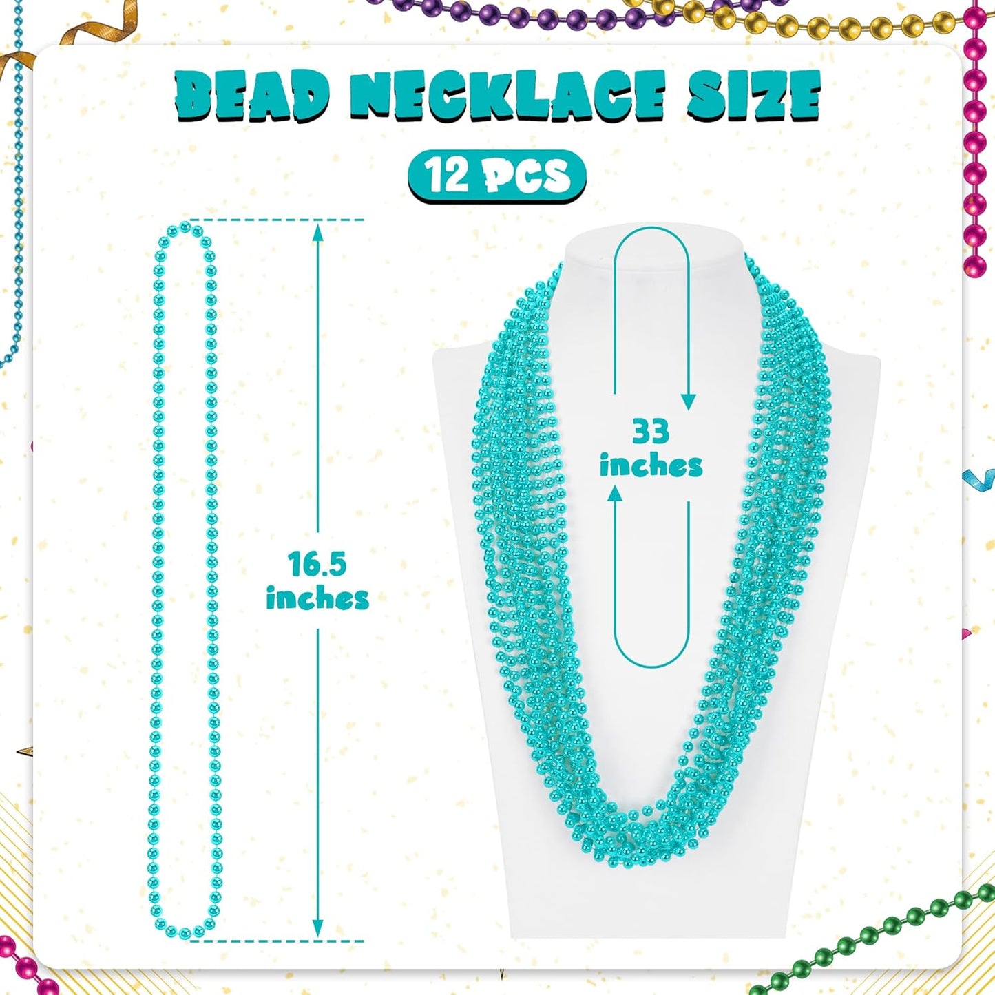12 PCS Lakeblue Beads Necklaces, 33" Mardi Gras Beads Bulk, Festival Parade Throws Accessories, Round Costume Necklace Kit for Parade Pirate Party Favors Decorations Carnival Masquerade